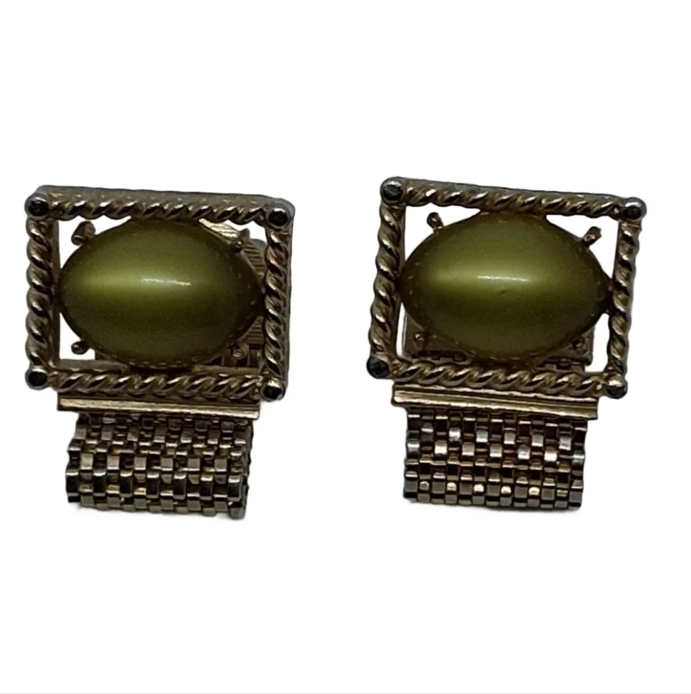 Swank Mid-Century Modern Mesh Wrap Cufflinks - Olive Green Cabochon